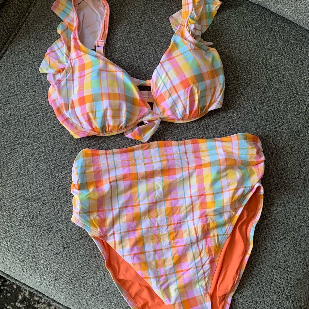 NWT Bleu Rod Beattie Vibrant Plaid High Waist Ruffle Bikini Set